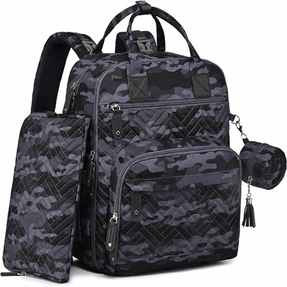Camo diaper backpack with matching diaper pouch and pacifier case
