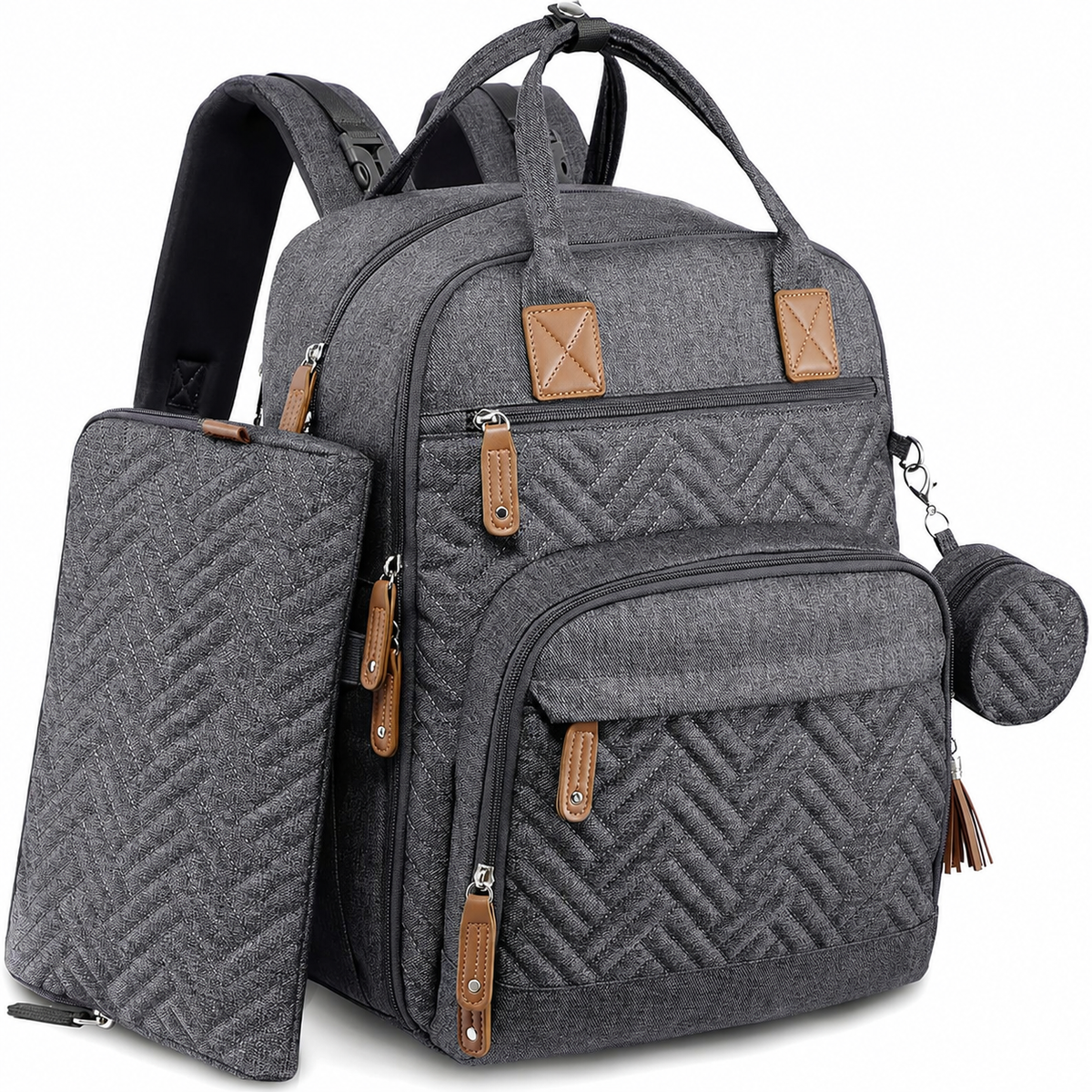 Dark Gray diaper backpack with matching diaper pouch and pacifier case