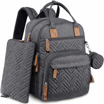 Dark Gray diaper backpack with matching diaper pouch and pacifier case
