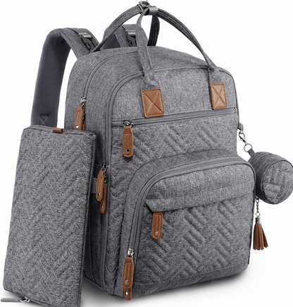 Grey diaper backpack with matching diaper pouch and pacifier case