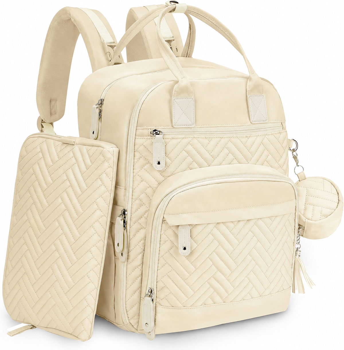 Ivory diaper backpack with matching diaper pouch and pacifier case