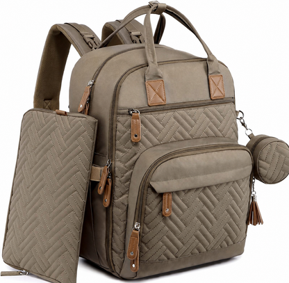 Khaki diaper backpack with matching diaper pouch and pacifier case