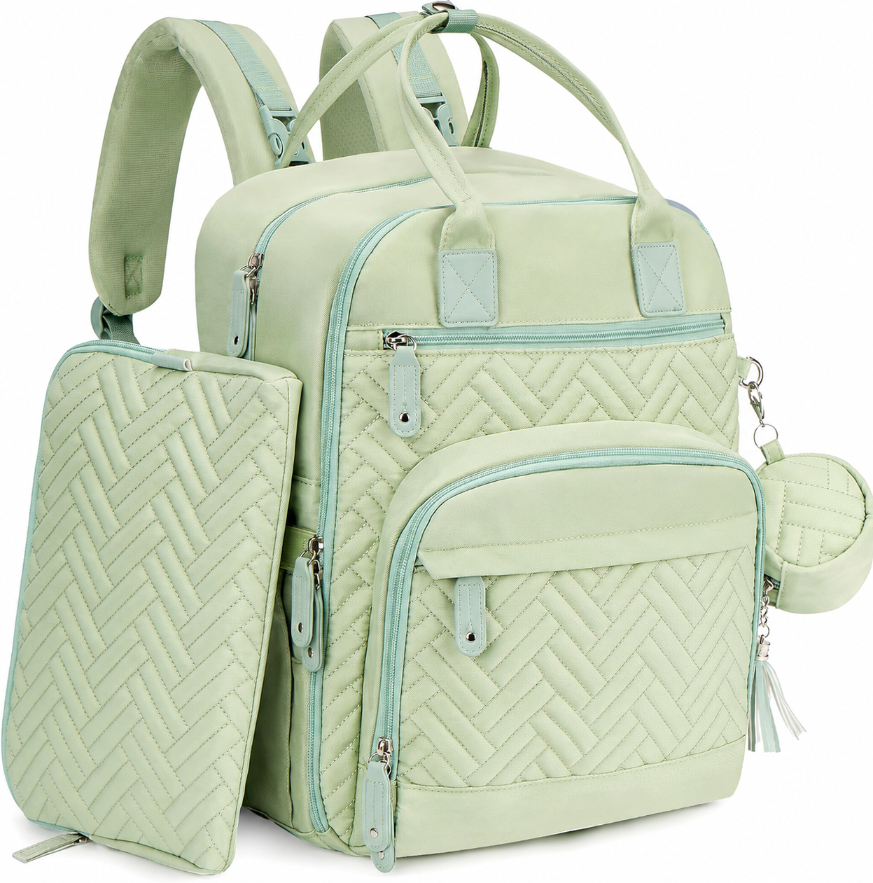 Light Green diaper backpack with matching diaper pouch and pacifier case