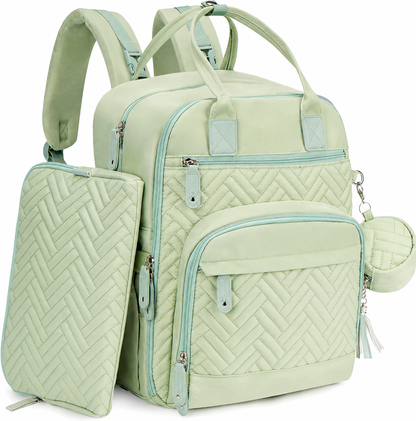 Light Green diaper backpack with matching diaper pouch and pacifier case