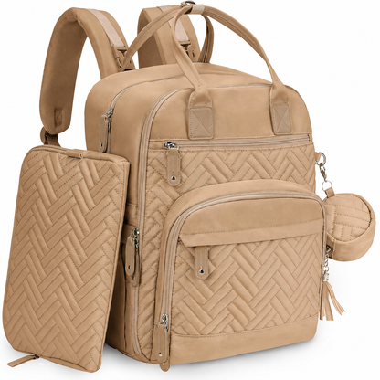 Light Khaki diaper backpack with matching diaper pouch and pacifier case