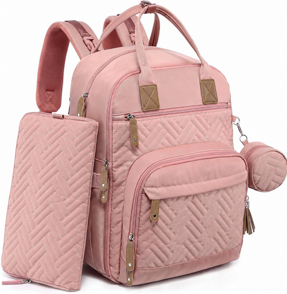 Pink diaper backpack with matching diaper pouch and pacifier case