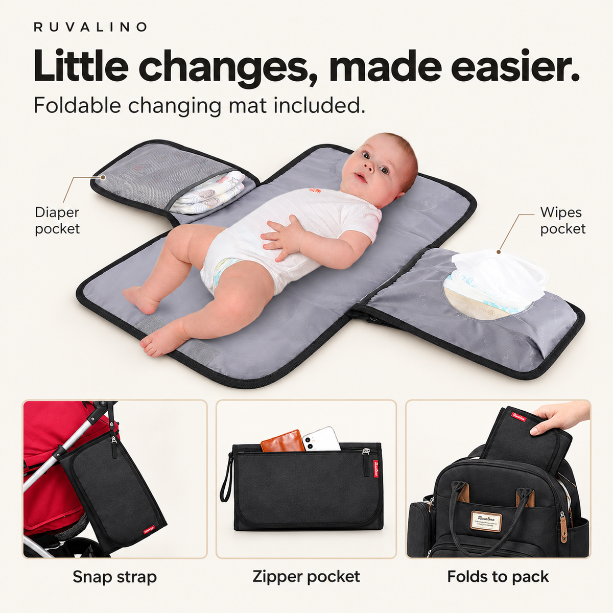 RUVALINO Black foldable changing mat with diaper and wipes pockets, snap strap and zipper pocket