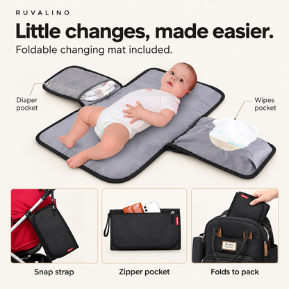 RUVALINO Black foldable changing mat with diaper and wipes pockets, snap strap and zipper pocket