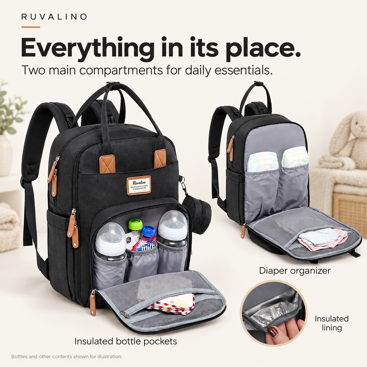 RUVALINO Black diaper backpack with insulated bottle pockets and separate diaper organizer