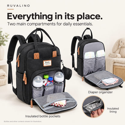 RUVALINO Black diaper backpack with insulated bottle pockets and separate diaper organizer