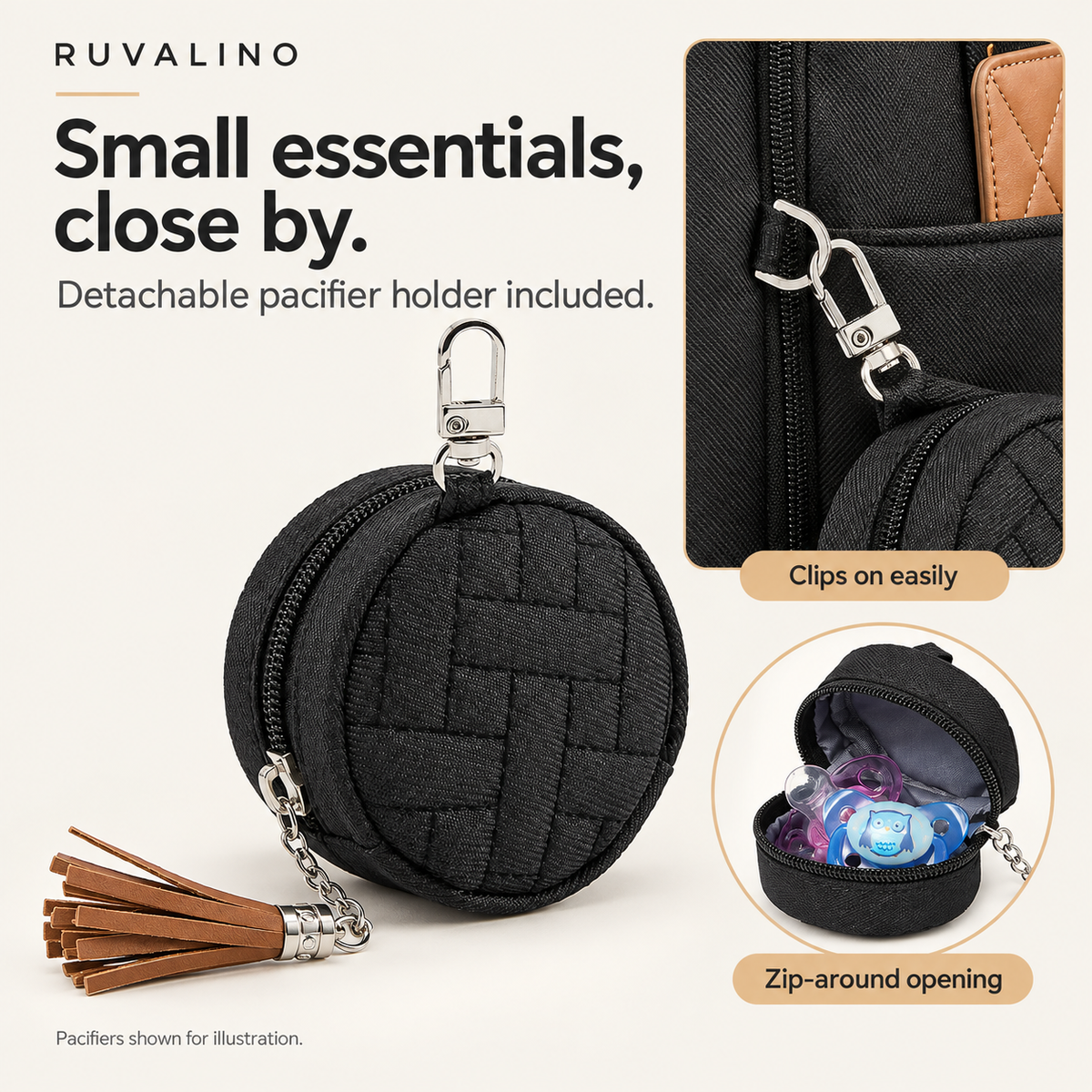 RUVALINO detachable black quilted pacifier holder with silver clip and tan tassel