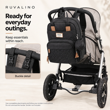 RUVALINO Black diaper backpack attached to a stroller with buckle detail; follow compatible stroller instructions