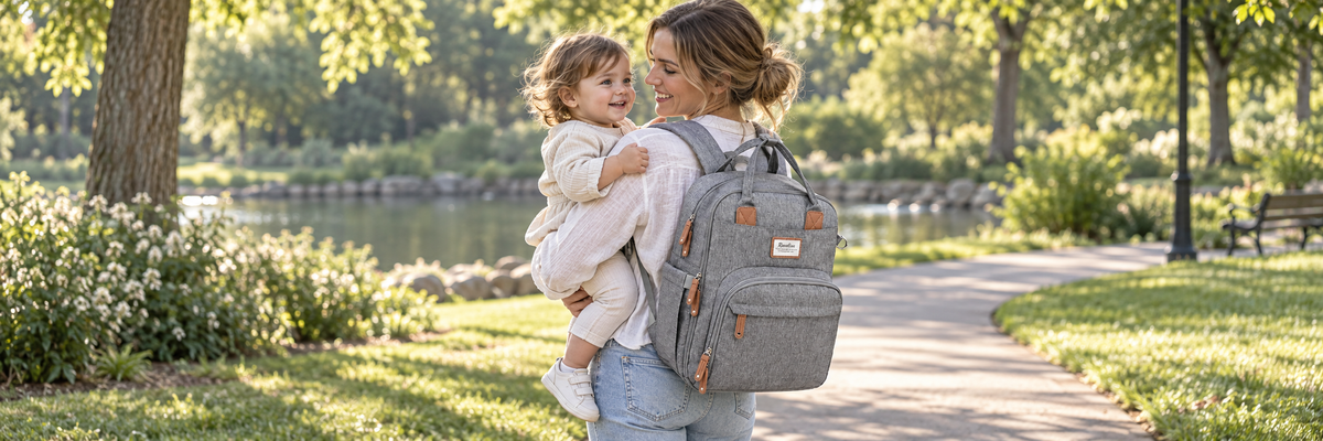 Mother holding her toddler while wearing a gray RUVALINO diaper backpack on a sunny park walk