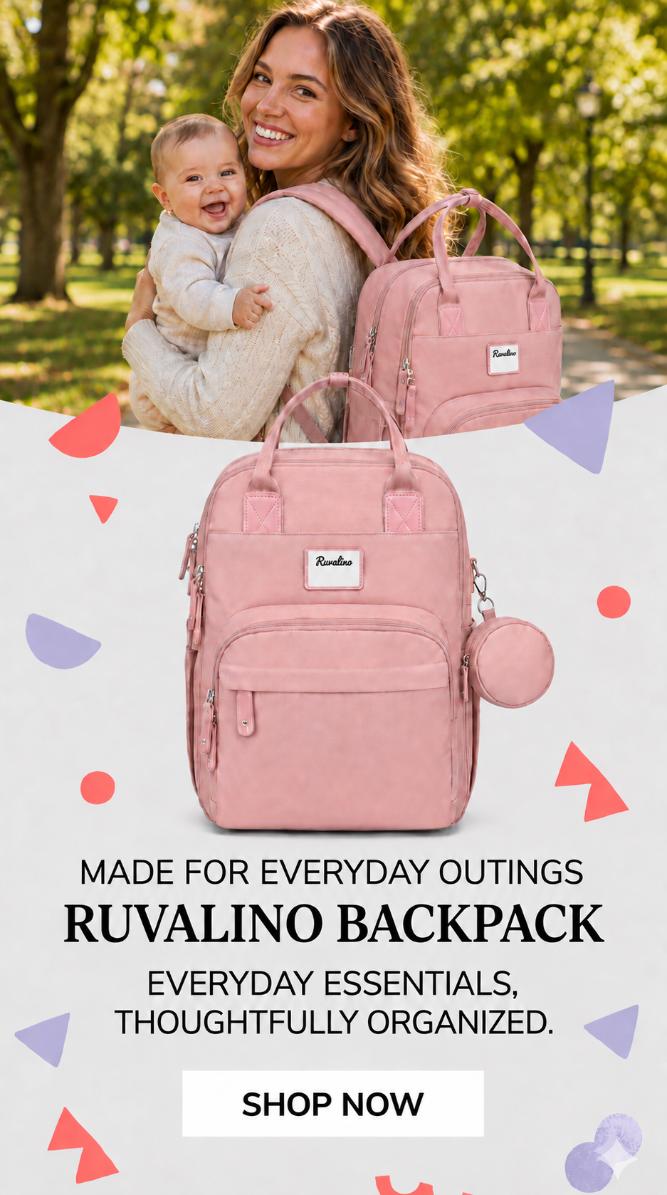 Mother carrying her baby with a pink Ruvalino diaper backpack in a park