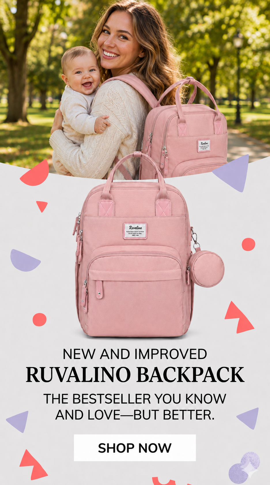 Smiling mother holding her baby and wearing a pink Ruvalino diaper backpack in a sunny park