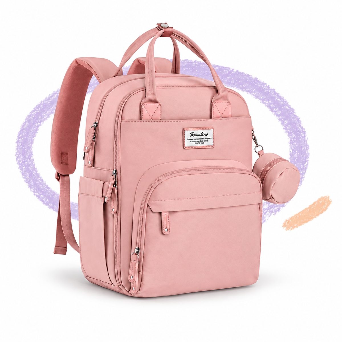 RUVALINO Classic Diaper Backpack in Pink with detachable pacifier case