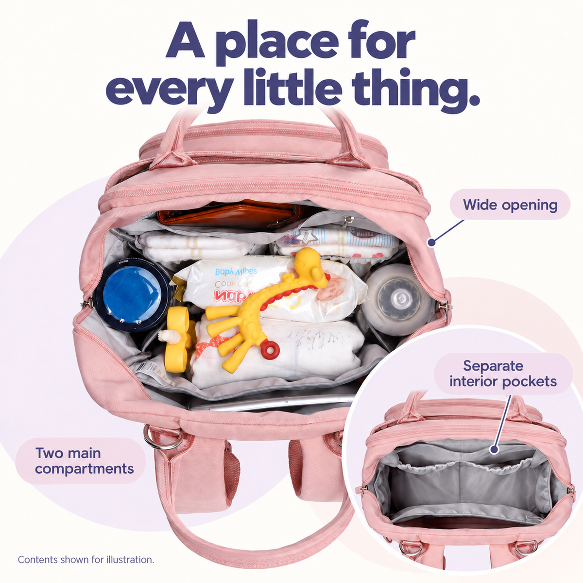 Pink diaper backpack with two main compartments, wide opening and separate interior pockets