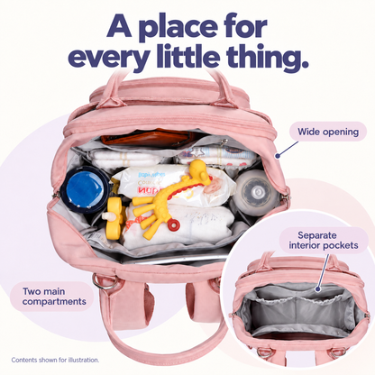 Pink diaper backpack with two main compartments, wide opening and separate interior pockets