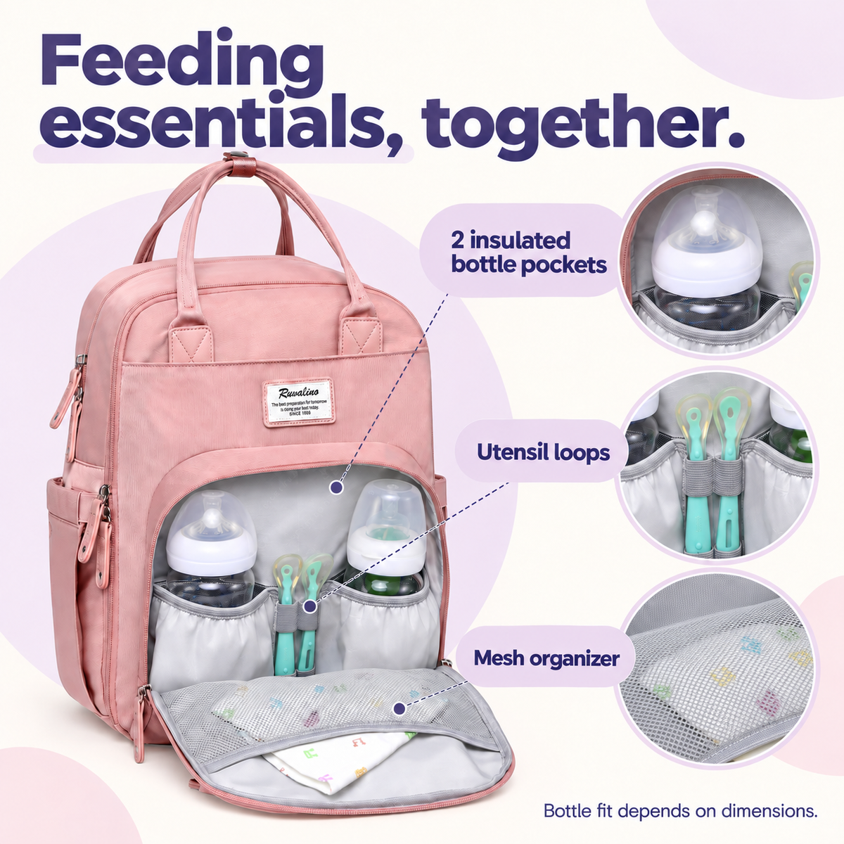 Pink diaper backpack feeding compartment with two insulated bottle pockets, utensil loops and mesh organizer