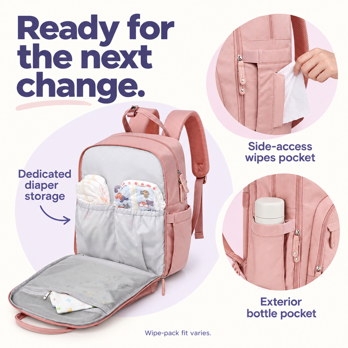 Pink diaper backpack with dedicated diaper storage, side-access wipes pocket and exterior bottle pocket