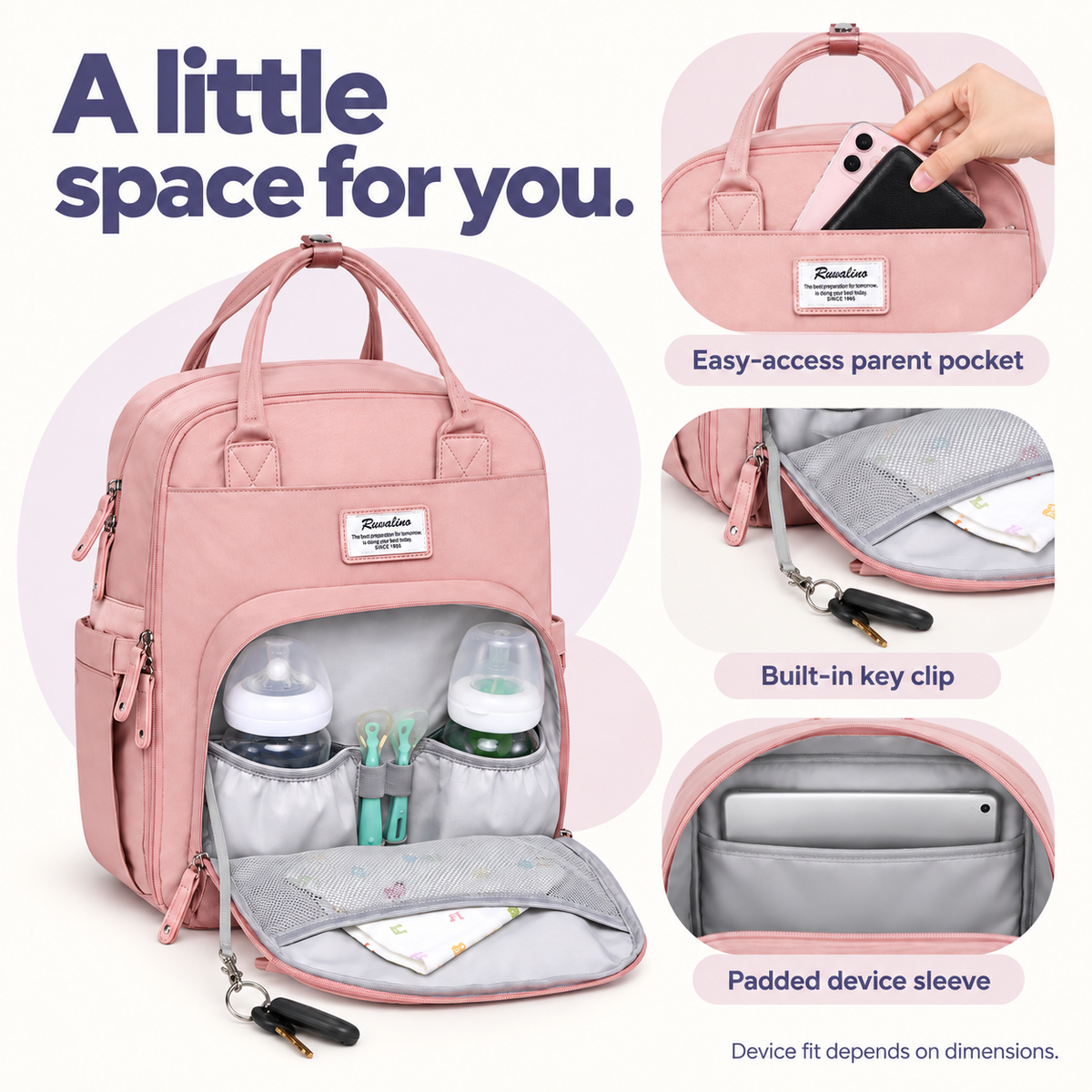 Pink diaper backpack parent pocket, built-in key clip and padded device sleeve