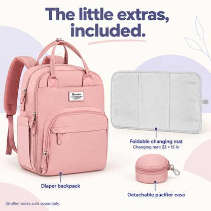 Pink diaper backpack with included foldable 23 by 15 inch changing mat and detachable pacifier case