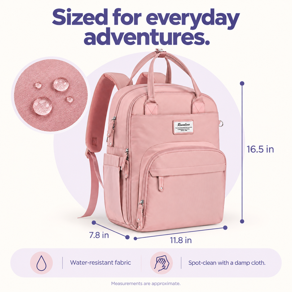 Pink diaper backpack dimensions: 16.5 by 11.8 by 7.8 inches; water-resistant fabric and spot-clean care