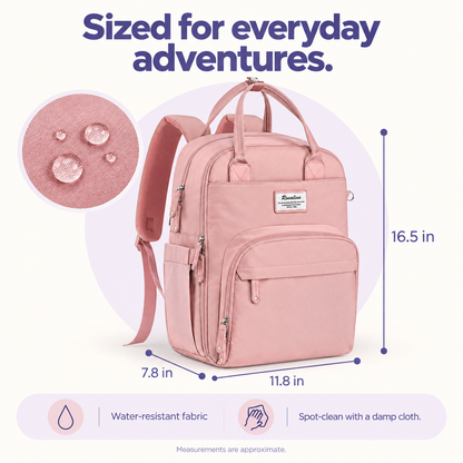 Pink diaper backpack dimensions: 16.5 by 11.8 by 7.8 inches; water-resistant fabric and spot-clean care