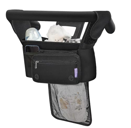 a black baby stroller with a toy and a mesh bag