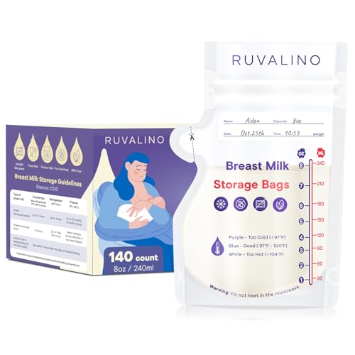 a plastic bag of milk with text: 'RUVALINO RUVALINO 10:53 ----- Breast Milk Guidelines Storage Bags 6 Purple Too ( -120 - Good ( - -90 140 count White - Too Hot 8oz / 240ml 1 Warning: not in the'