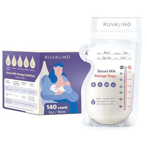 a plastic bag of breast milk next to a box with text: 'RUVALINO RUVALINO Sep. 8:07 oz ML Breast Guidelines Breast Milk Storage Bags 4 Too Cold 140 count Whibe - 1 6oz / 180ml in the'