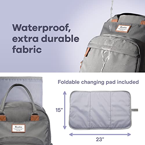 a grey backpack with a brown handle with text: 'Waterproof, extra durable fabric Foldable changing pad included 15" 23"'