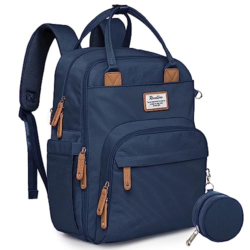 a blue backpack with a small round object