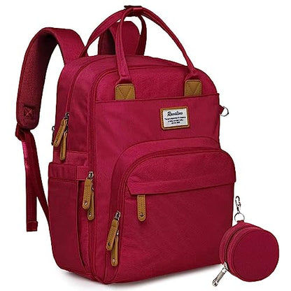 a red backpack with a small round pouch