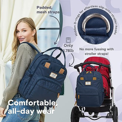 a person carrying a backpack with text: 'Padded, mesh straps stroller-hooks Hidden D-rings for Only 1.78lb No more fussing with stroller straps! Comfortable all-day wear'