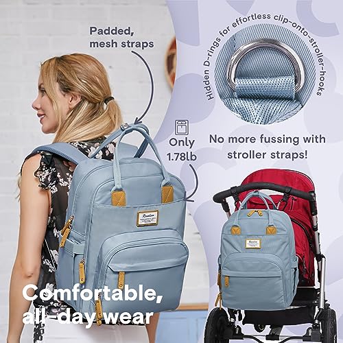 a person carrying a backpack with text: 'Padded, onto effo -stroller-hooks mesh straps Hidden D-rings for Only No more fussing with 1.78lb stroller straps! Comfortable, all -day wear'