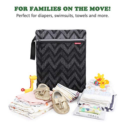 a bag with baby clothes and toys with text: 'FOR FAMILIES ON THE MOVE! Perfect for diapers, swimsuits, towels and more.'