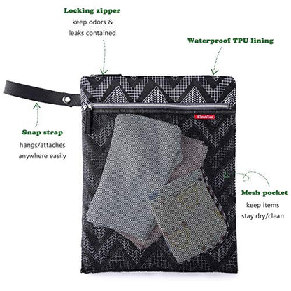 a bag with clothes inside with text: 'Locking zipper keep odors & leaks contained Waterproof TPU lining Snap strap hangs/attaches anywhere easily Mesh pocket keep items stay dry/clean'