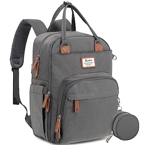 a grey backpack with a small round object