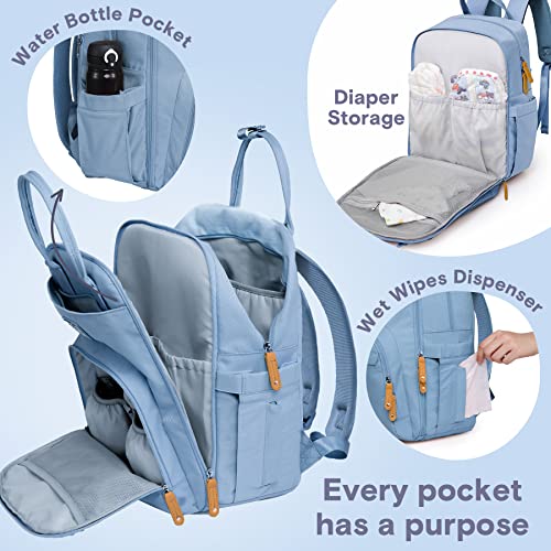 a close-up of a backpack with text: 'Water Bottle Pocket C Diaper Storage Wet Wipes Dispenser Every pocket has a purpose'