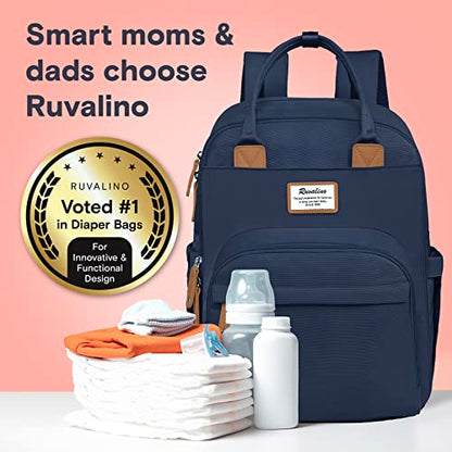 a backpack with diapers and bottles with text: 'Smart moms & dads choose Ruvalino RUVALINO Voted #1 in Diaper Bags For Innovative & Functional Design'