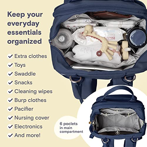 a bag with baby items inside with text: 'Keep your everyday essentials organized Extra clothes Toys Swaddle Snacks Cleaning wipes Burp clothes Pacifier Nursing cover Electronics 6 poclets in main And more! compartment 16'