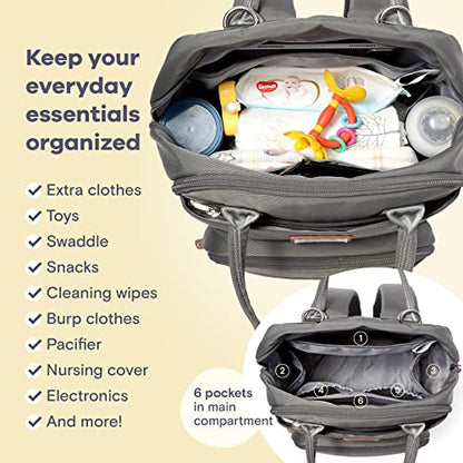 a bag with baby items inside with text: 'Keep your everyday essentials organized Extra clothes Toys Swaddle Snacks Cleaning wipes Burp clothes Pacifier Nursing cover 2 3 Electronics 6 pockets in main And more! compartment'