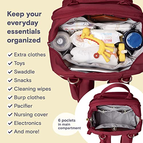 a red diaper bag with baby items inside with text: 'Keep your everyday essentials organized Extra clothes Toys Swaddle Snacks Cleaning wipes Burp clothes Pacifier Nursing cover Electronics 6 poclets in main And more! compartment 16'