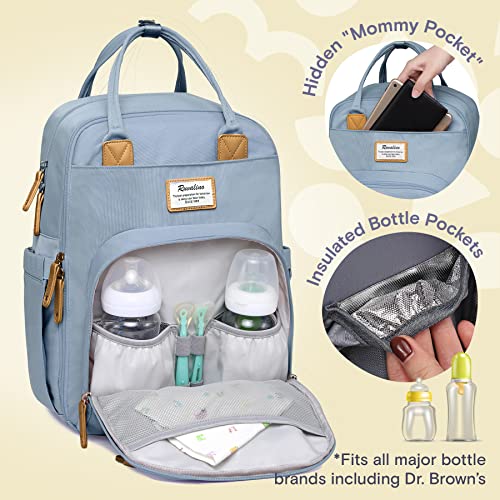 a bag with a bottle inside with text: 'Pocket" Hidden Insulated Bottle Pockets *Fits all major bottle brands including Dr. Brown's'