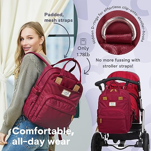 a person carrying a backpack with text: 'Padded, for effortless cli stro mesh straps ller-hooks 0 Only 1.78lb No more fussing with stroller straps! Comfortable, all -day wear'