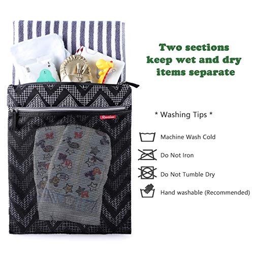 a black and white bag with a mesh pocket and a towel with text: 'Two sections keep wet and dry items separate * Washing Tips * Machine Wash Cold Do Not Iron Do Not Tumble Dry Hand washable (Recommended)'