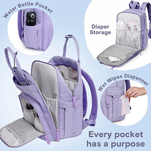 a purple diaper bag with different diapers with text: 'Water Bottle Pocket Diaper Storage Wet Wipes Dispenser Every pocket has a purpose'