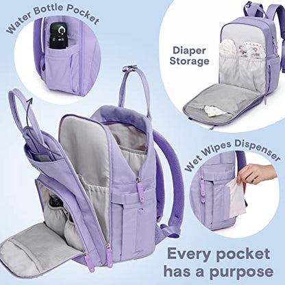 a purple diaper bag with different diapers with text: 'Water Bottle Pocket Diaper Storage Wet Wipes Dispenser Every pocket has a purpose'