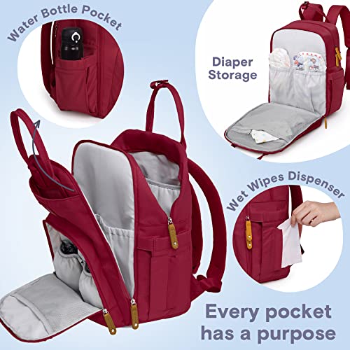 a red and grey diaper bag with text: 'Water Bottle Pocket Diaper Storage Wet Wipes Dispenser Every pocket has a purpose'